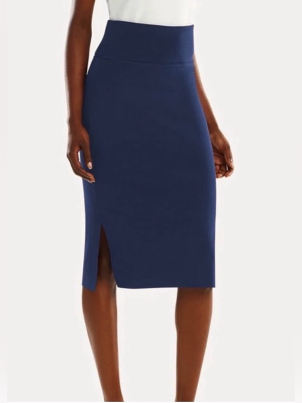 MM LaFleur Navy Blue knit fold over high waist pencil skirt side slits large